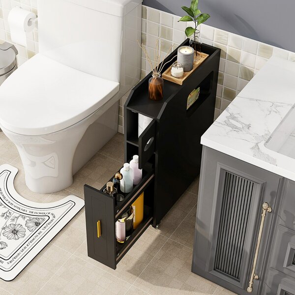 Costway Organizzatore da 16 cm stretto e slim con portascopino e ruote con freno, Mobiletto da bagno piccolo per spazi ridotti Nero