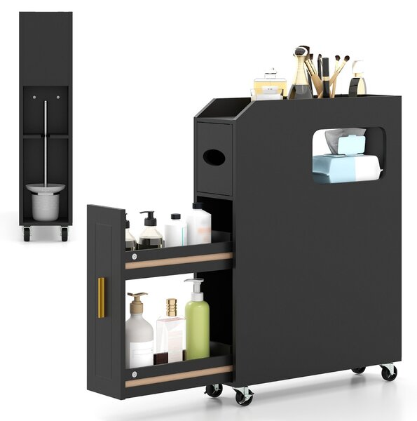 Costway Organizzatore da 16 cm stretto e slim con portascopino e ruote con freno, Mobiletto da bagno piccolo per spazi ridotti Nero