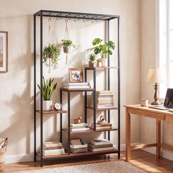 Costway Scaffale portapiante con 6 ripiani aperti per soggiorno e balcone, Supporto per piante con 10 ganci rimovibili struttura in legno e metallo
