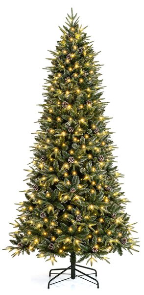 Costway Albero di natale artificiale 244 cm con 400 luci bianche calde per casa e ufficio, Albero di natale realistico con 1384 rami pigne innevate