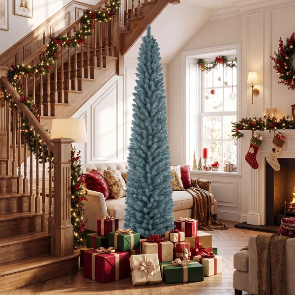 Costway Albero di natale slim con rami e guanti protettivi per casa ufficio e negozi, Albero di natale artificiale in pvc con base pieghevole in metallo 210 cm