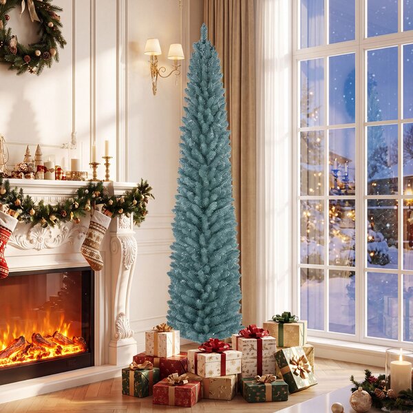 Costway Albero di natale slim con rami e guanti protettivi per casa ufficio e negozi, Albero di natale artificiale in pvc con base pieghevole in metallo 210 cm