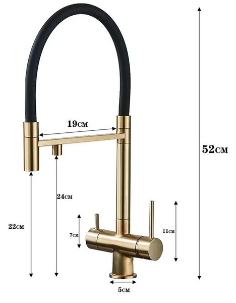Rubinetto da cucina con filtro dell'acqua - Rubinetto con due bocchette per acqua potabile - Acciaio inossidabile 304 - Acqua calda e fredda - Monocomando - Bocchetta estraibile e flessibile - Finitura dorata spazzolata