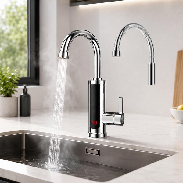 Rubinetto da cucina elettrico con resistenza integrata, miscelatore intelligente rotante a 360°, colore argento, con indicatore di temperatura LED