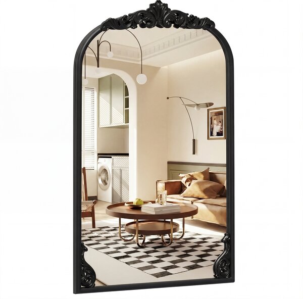 Costway Specchio da parete ad arco barocco ornato con cornice in metallo, Specchio da parete 90 x 61 cm Nero