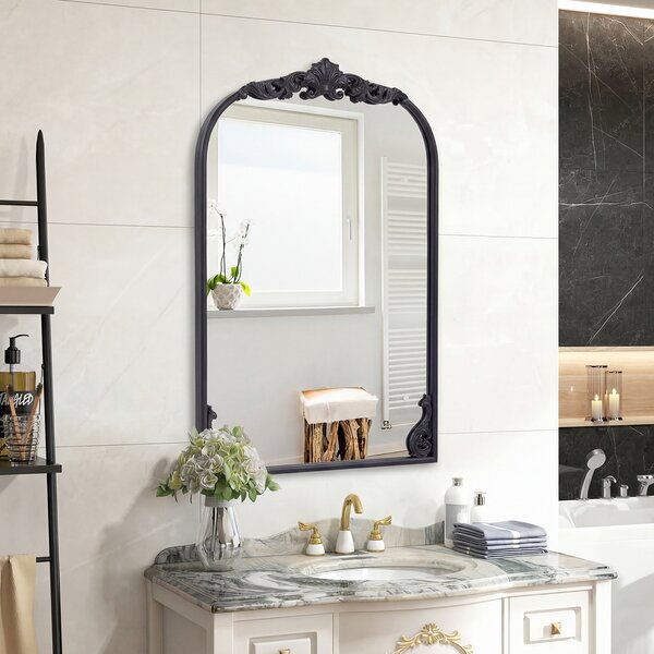 Costway Specchio da parete ad arco barocco ornato con cornice in metallo, Specchio da parete 76 x 51 cm Nero