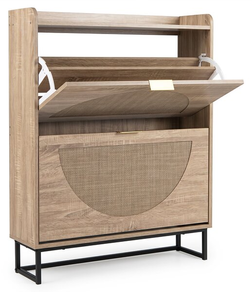 Costway Scarpiera salvaspazio con 2 ante a ribalta e ripiani regolabili con decorazioni in rattan, Portascarpe slim per ingresso salotto corridoio