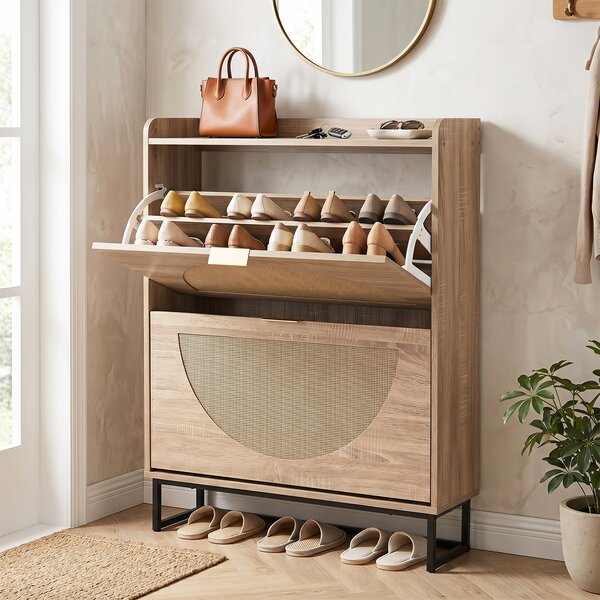 Costway Scarpiera salvaspazio con 2 ante a ribalta e ripiani regolabili con decorazioni in rattan, Portascarpe slim per ingresso salotto corridoio
