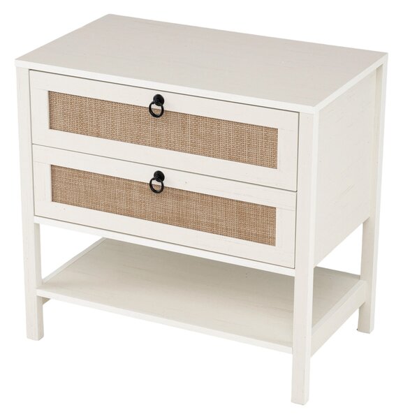 Costway Comodino camera da letto bianco con 2 cassetti e 1 ripiano aperto con rattan decorativo, Tavolino laterale da divano camera per salotto