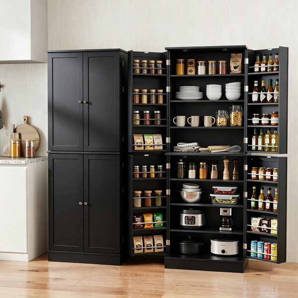 Costway Credenza da cucina alta con 4 ante 8 scomparti 16 portaspezie con tubi anticaduta, Armadio multiuso per bagno e sala da pranzo