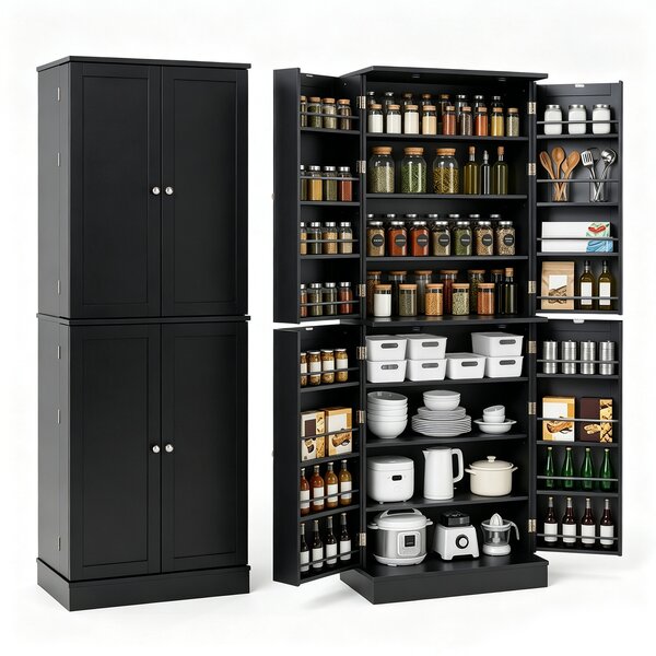 Costway Credenza da cucina alta con 4 ante 8 scomparti 16 portaspezie con tubi anticaduta, Armadio multiuso per bagno e sala da pranzo