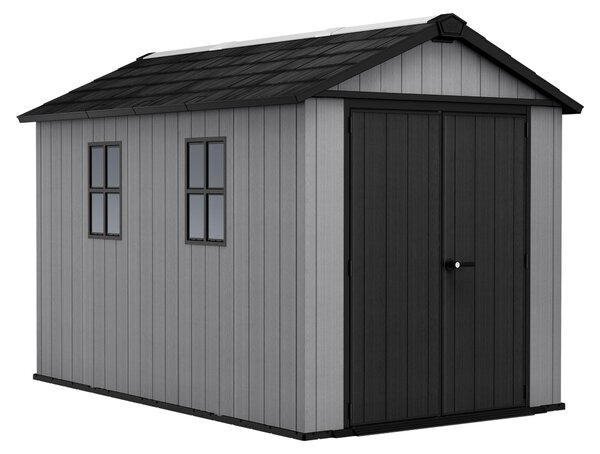 Newton + 7511/1175 - Casetta da Giardino 350x246x230 cm 2 Ante per deposito attrezzi finitura effetto legno Evotech+ in Resina Grigio e Nero