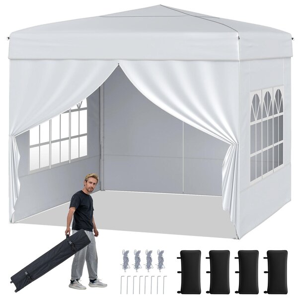 KOMFOTTEU, Gazebo pop-up 3x3 metri, gazebo da giardino pieghevole con pareti laterali removibili, struttura in metallo, finestre trasparenti, 4 sacchi di sabbia, borsa da trasporto, gazebo pieghevole per barbecue, picnic, campeggio (bianco)