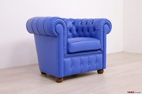 Piccola poltrona Chesterfield in Pelle Blu Cobalto