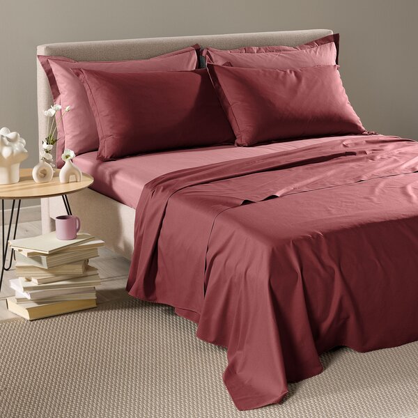 Completo Lenzuola In Cotone Vita Double Singolo Primanatura Tinta Unita Bordeaux Caleffi