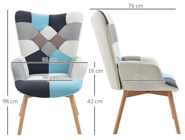HOMCOM Sedia con Gambe in Legno e Piedini Antiscivolo, Poltroncina da Salotto in Tessuto Vellutato Design a Blocchi, Multicolore | Aosom Italy