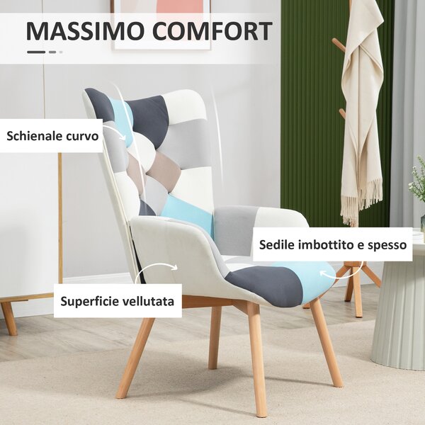HOMCOM Sedia con Gambe in Legno e Piedini Antiscivolo, Poltroncina da Salotto in Tessuto Vellutato Design a Blocchi, Multicolore | Aosom Italy