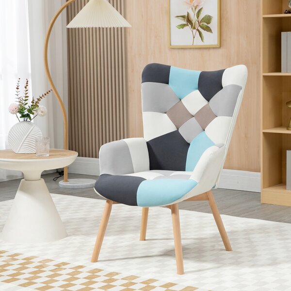 HOMCOM Sedia con Gambe in Legno e Piedini Antiscivolo, Poltroncina da Salotto in Tessuto Vellutato Design a Blocchi, Multicolore | Aosom Italy