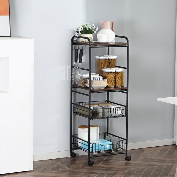 HOMCOM Carrello Cucina 2 Cesti Estraibili Metallo, Ripiani in Legno Truciolato, Ganci Laterali, 40x38x111cm - Versatile|Aosom