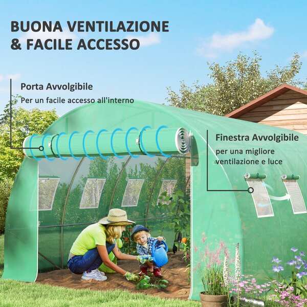 Outsunny Telo Serra in PE con 8 Finestre, Porta Avvolgibile e Bordi Interrati, 4x3x2 m, Verde | Aosom Italy