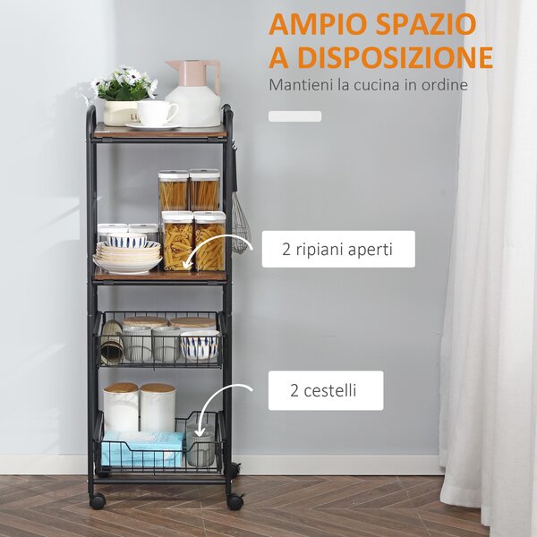 HOMCOM Carrello Cucina 2 Cesti Estraibili Metallo, Ripiani in Legno Truciolato, Ganci Laterali, 40x38x111cm - Versatile|Aosom