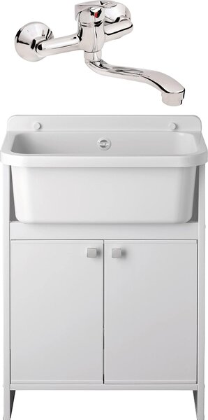 SIGO Lavabo con base e rubinetto – mobile sottolavabo con lavello – bianco