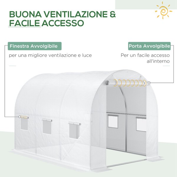 Outsunny Telo Serra in PE con 6 Finestre, Porta Avvolgibile e Bordi Interrati, 3x2x2 m, Bianco | Aosom Italy