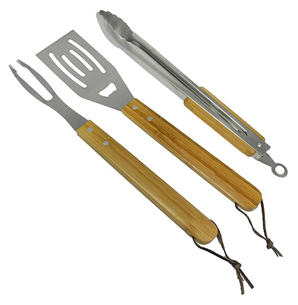 Set 3 Posate per Barbecue Forchettone Pinza Spatola in Acciaio Inox con Manico in Legno