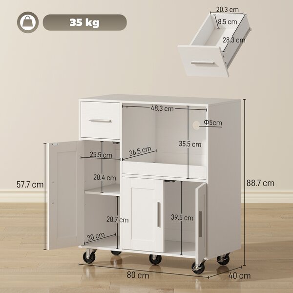 HOMCOM Mobiletto Microonde in Legno con Cassetto, 2 Armadietti, Ripiano Aperto e Piano Regolabile, 80x40x88.7 cm, Bianco | Aosom Italy