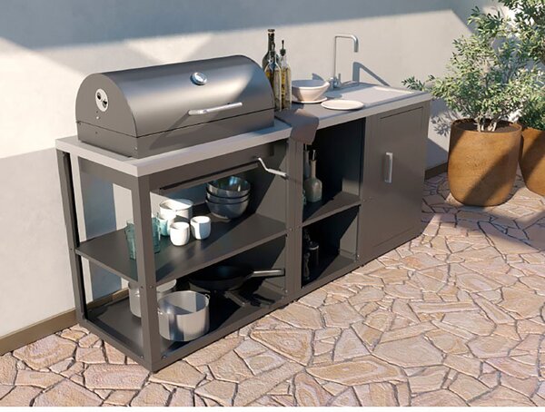 Mobile Cucina Barbecue a Carbone 90,2x60,7x94 cm con Ripiani Inferiori e 3 Griglie in Acciaio Nero