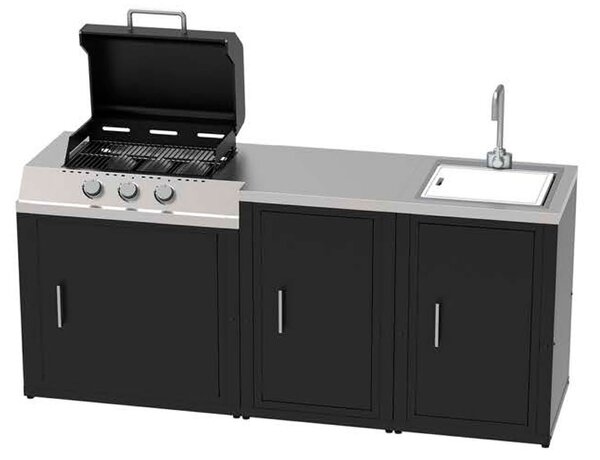 Mobile Cucina Barbecue a Gas 90,2x60,7x94 cm con 3 Fuochi e Armadietto in Acciaio Nero