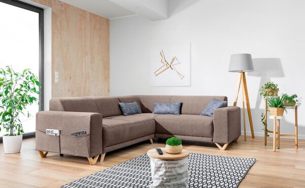 Divano angolare marrone allungabile e con contenitore (con penisola a destra/a L) Classy Sophie – Miuform
