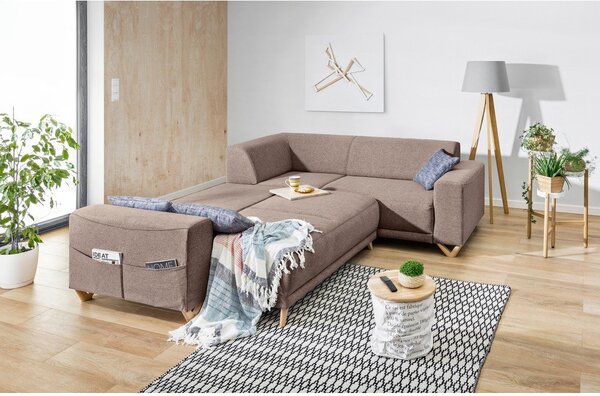 Divano angolare marrone allungabile e con contenitore (con penisola a destra/a L) Classy Sophie – Miuform
