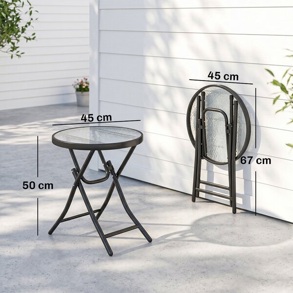 Outsunny Tavolo da Giardino Pieghevole Nero in Metallo con Ripiano in Vetro, Diametro 45x50cm, Blocco di Sicurezza|Aosom