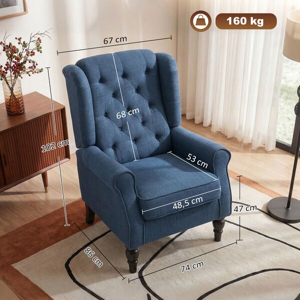 HOMCOM Poltrona per Salotto in Stile Francese con Seduta Imbottita e Cuscini, in Poliestere, 74x86x102 cm, Blu|Aosom