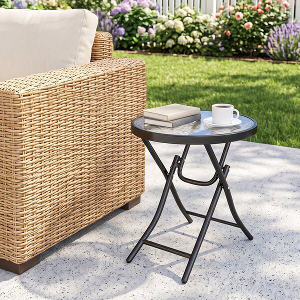 Outsunny Tavolo da Giardino Pieghevole Nero in Metallo con Ripiano in Vetro, Diametro 45x50cm, Blocco di Sicurezza|Aosom