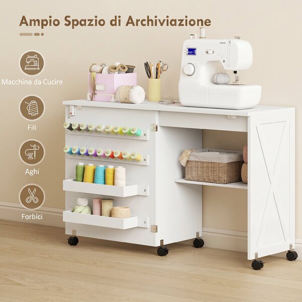 HOMCOM Mobile per Macchina da Cucire Pieghevole con 2 Contenitori, Mensola Inferiore, 18 Pioli per Bobine, Ruote, Bianco | Aosom Italy
