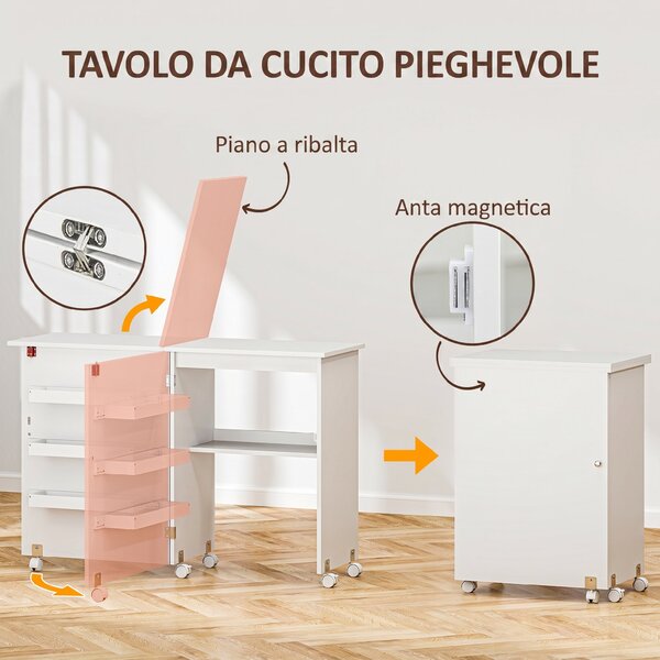 HOMCOM Mobile per Macchina da Cucire Pieghevole con Piano Ampio, 3 Contenitori, Mensola Inferiore, Ruote, Bianco | Aosom Italy