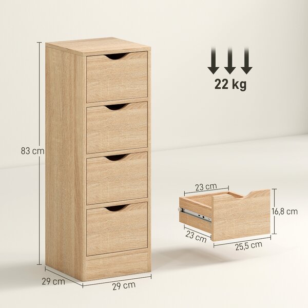 HOMCOM Mobile Bagno Salvaspazio con 4 Cassetti e Maniglie Intagliate Stile Nordico, 29x29x83 cm, Legno Naturale | Aosom Italy