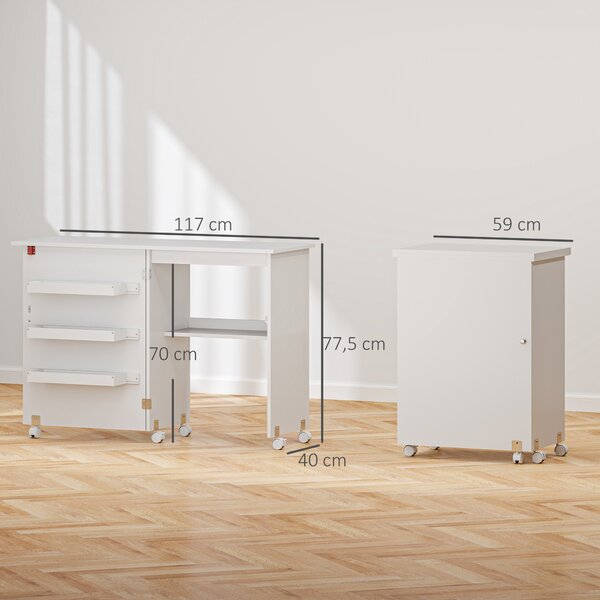 HOMCOM Mobile per Macchina da Cucire Pieghevole con Piano Ampio, 3 Contenitori, Mensola Inferiore, Ruote, Bianco | Aosom Italy