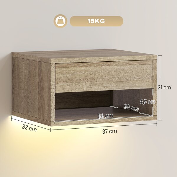 HOMCOM Set 2 Comodini Sospesi con LED RGB Integrati e Regolabili con APP, Cassetto e Ripiano, 37x32x21 cm, Color Legno | Aosom Italy