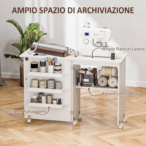 HOMCOM Mobile per Macchina da Cucire Pieghevole con Piano Ampio, 3 Contenitori, Mensola Inferiore, Ruote, Bianco | Aosom Italy