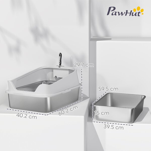 PawHut Lettiera in acciaio inox WC aperto con paletta bordo alto per gatti grandi fino a 7 kg, 60,2 x 40,2 x 29,7 cm, Grigio | Aosom Italy