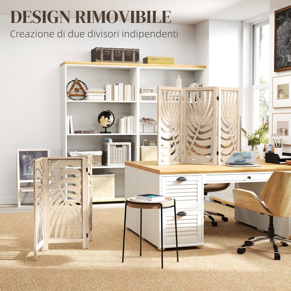 HOMCOM Paravento da Interno a 3 Pannelli Pieghevole e Separabile in Legno, Design a Foglie, 120x170 cm, Colore Legno | Aosom Italy