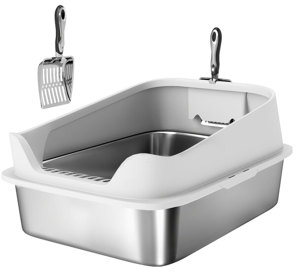 PawHut Lettiera in acciaio inox WC aperto con paletta bordo alto per gatti grandi fino a 7 kg, 60,2 x 40,2 x 29,7 cm, Grigio | Aosom Italy