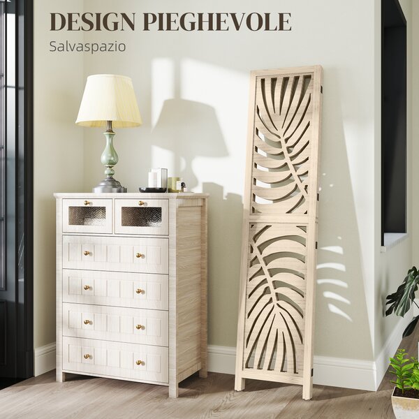 HOMCOM Paravento da Interno a 3 Pannelli Pieghevole e Separabile in Legno, Design a Foglie, 120x170 cm, Colore Legno | Aosom Italy