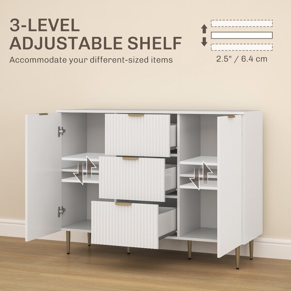 HOMCOM Credenza Moderna con 3 Cassetti, 2 Armadietti e Ripiani Regolabili, Legno e Metallo, Bianco
