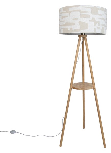 Lampada da terra a treppiede in legno con paralume a righe bianche e beige 50cm - Lou