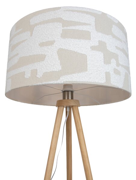 Lampada da terra a treppiede in legno con paralume a righe bianche e beige 50cm - Lou