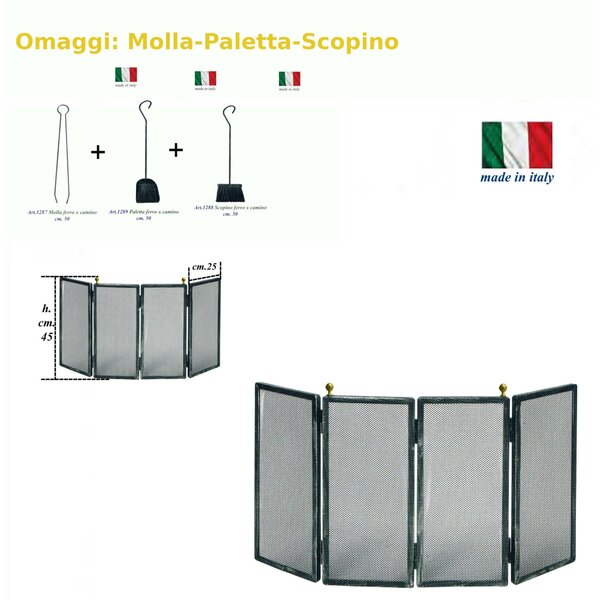 Parascintille per camino 4 ante In FERRO a LIBRO dimensioni 80x h 45 cm lavorazione artigianale in ferro rete nera